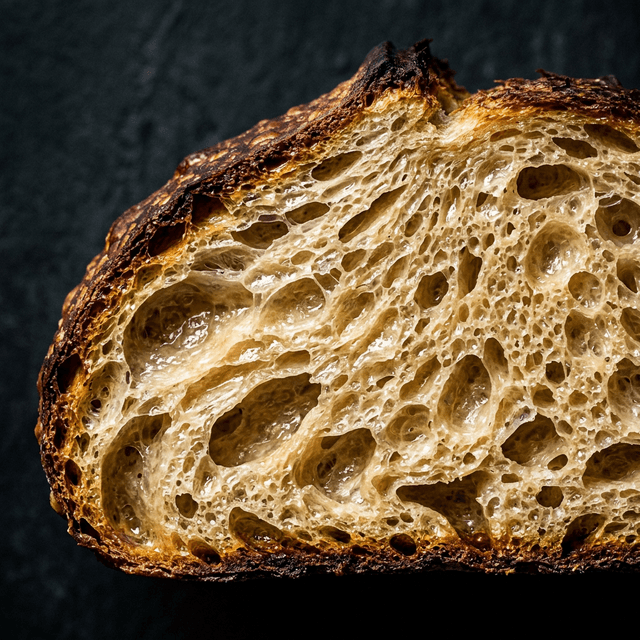 Close view of an open sourdough crumb with a golden crust